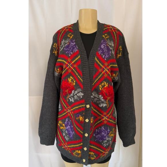 Vintage SK & Company Wool Blend Cardigan Sweater L Hong Kong 80s  Floral Boho - Picture 1 of 9